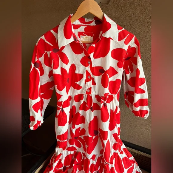 Maeve Anthropologie Bettina Midi Dress Tiered Buttondown Red Flowers SP - Picture 6 of 14